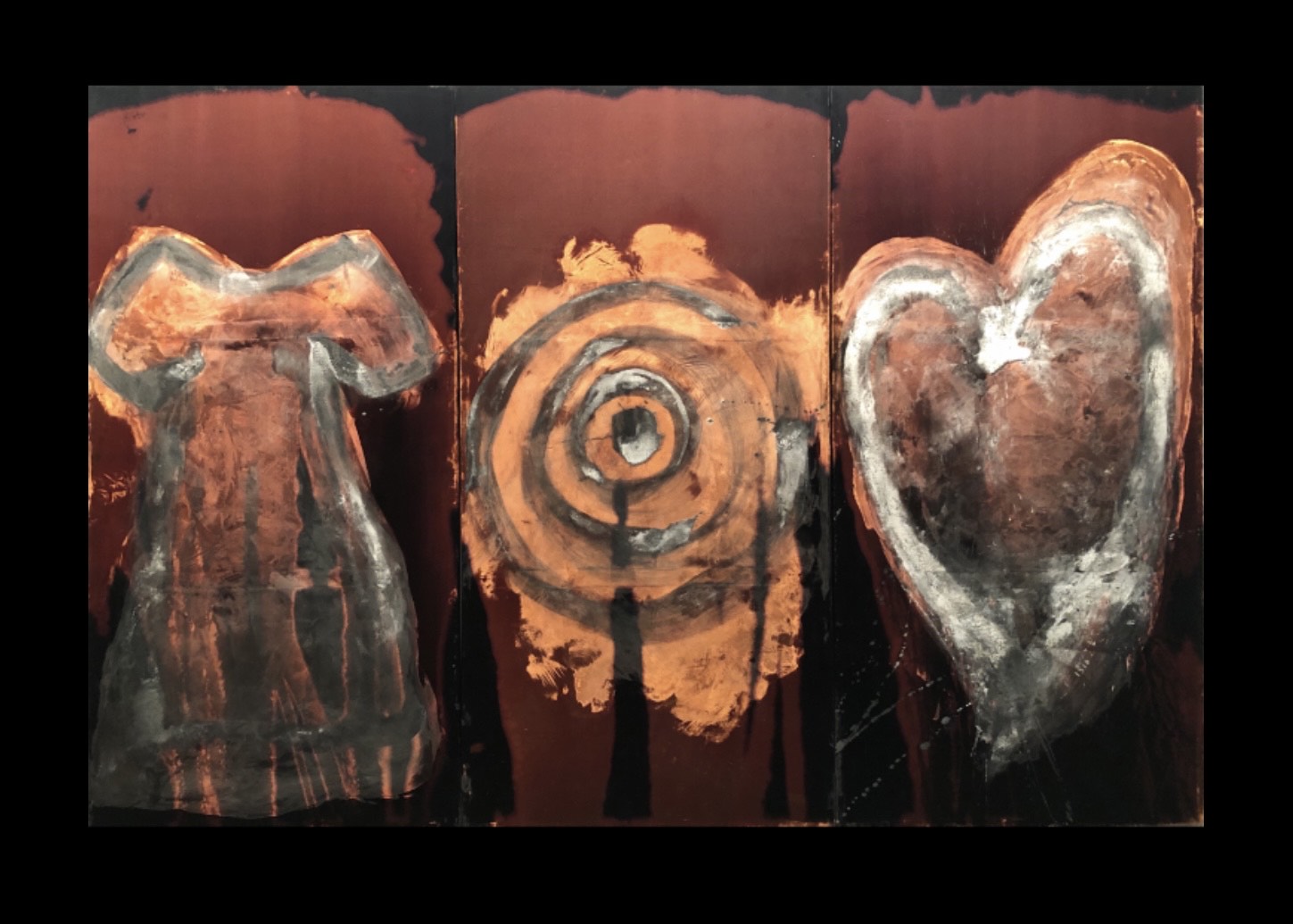 Dress, Target, Heart. Bleach and Beeswax on Velvet. 180 x 90 cm ( 180 x 270 triptych ). 2012.